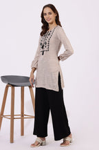 W for Woman Off White Solid Thread Work Acrylic Straight Tunic | Grocsy