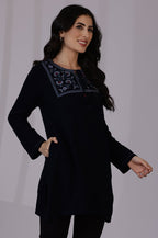W for Woman Blue Solid Thread Work Acrylic Straight Tunic | Grocsy