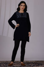 W for Woman Blue Solid Thread Work Acrylic Straight Tunic | Grocsy