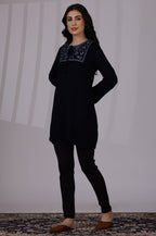 W for Woman Blue Solid Thread Work Acrylic Straight Tunic | Grocsy