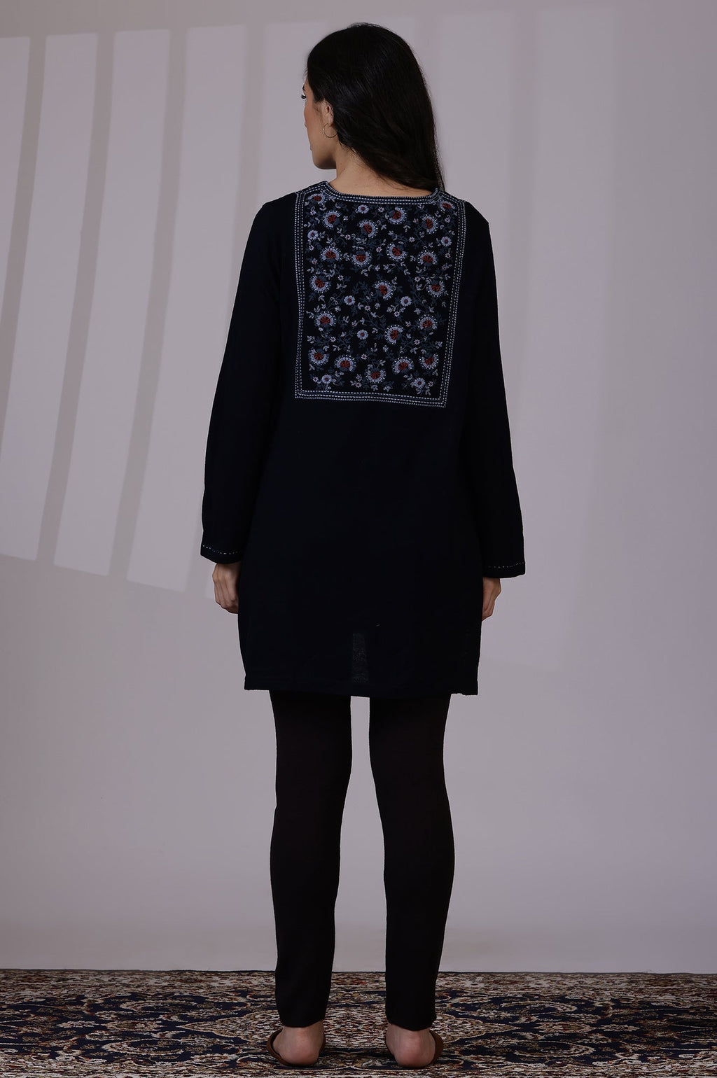 W for Woman Blue Solid Thread Work Acrylic Straight Tunic | Grocsy