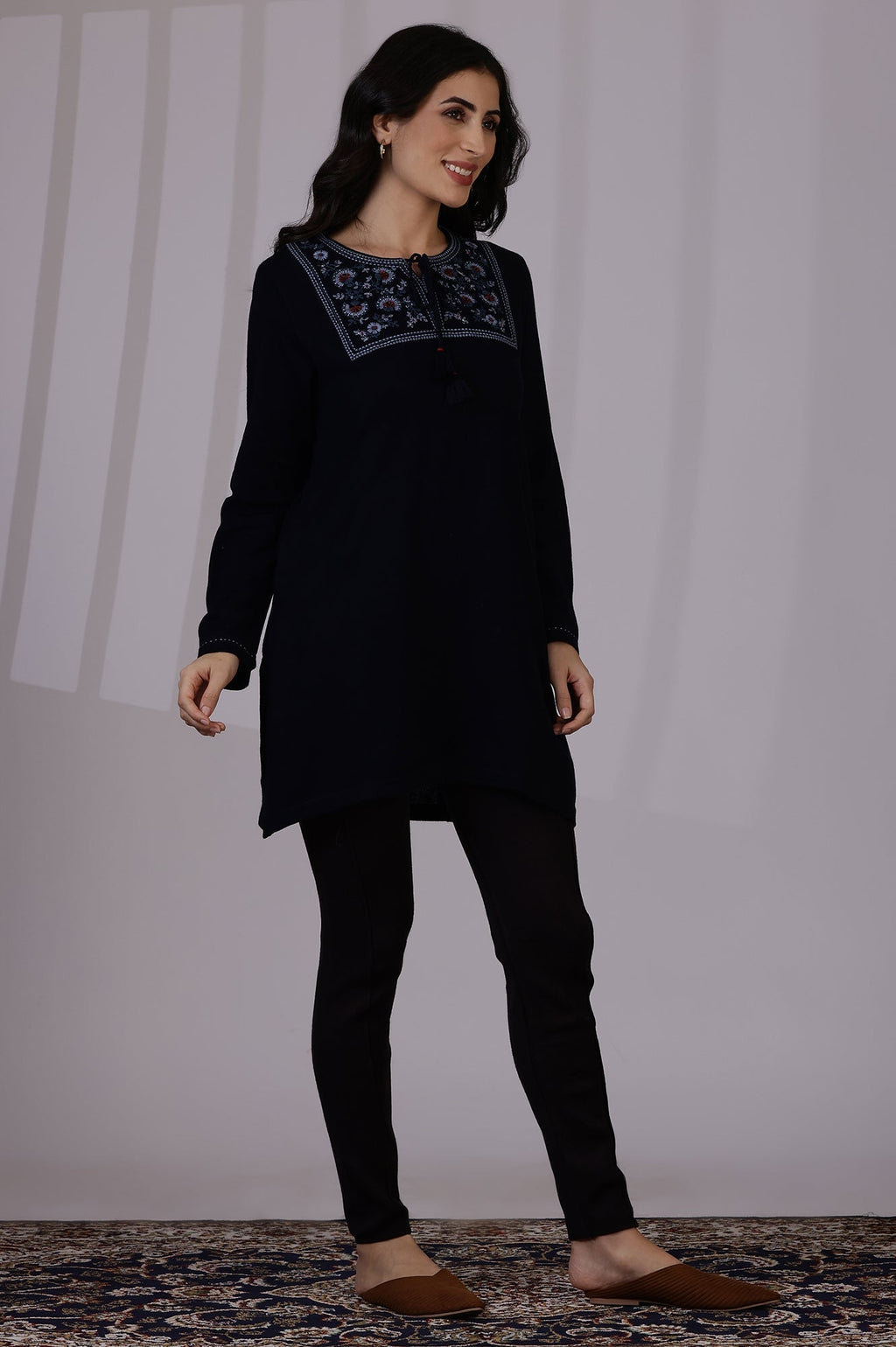 W for Woman Blue Solid Thread Work Acrylic Straight Tunic | Grocsy