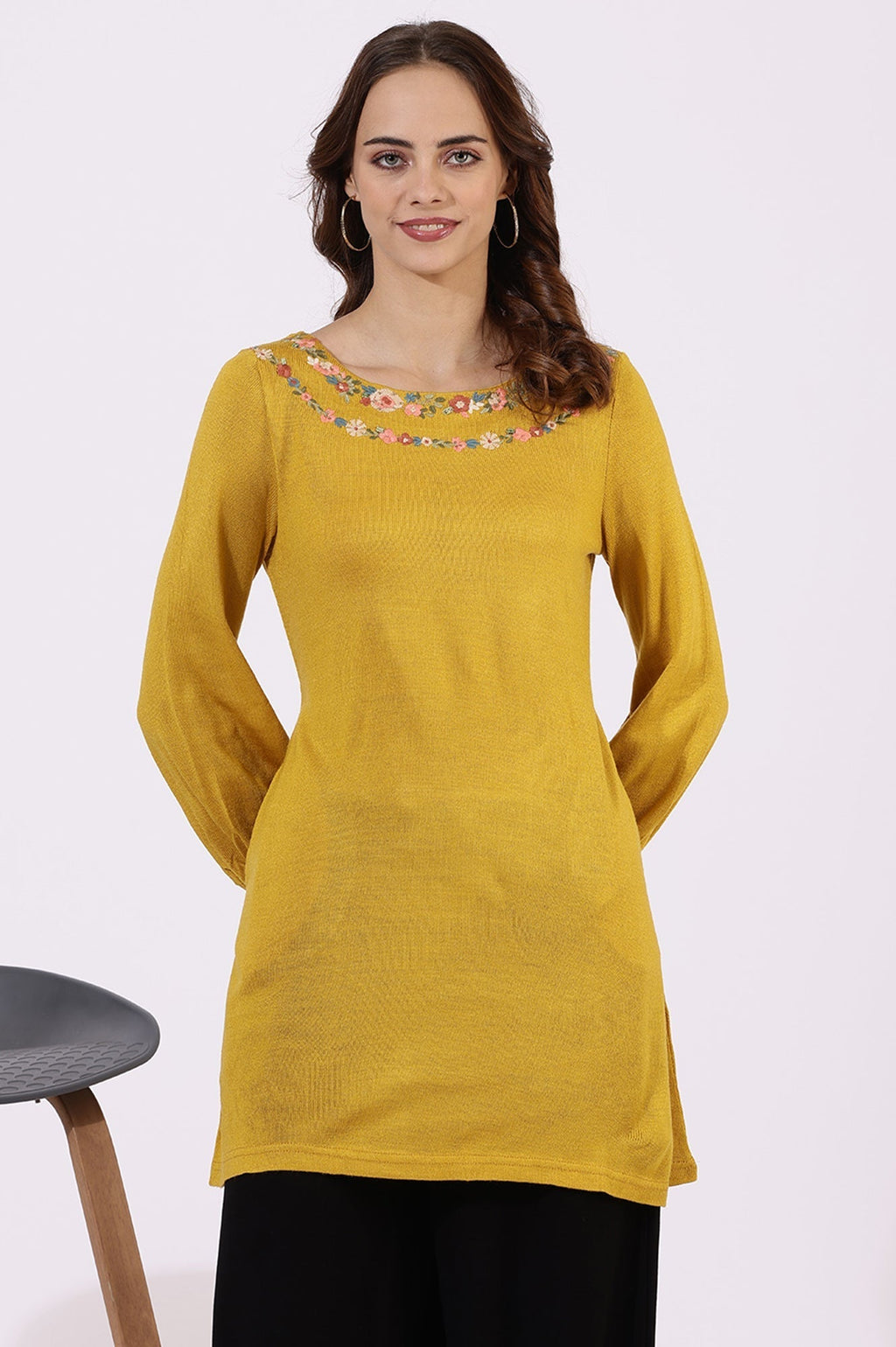 W for Woman Yellow Solid Thread Work Acrylic Straight Tunic | Grocsy