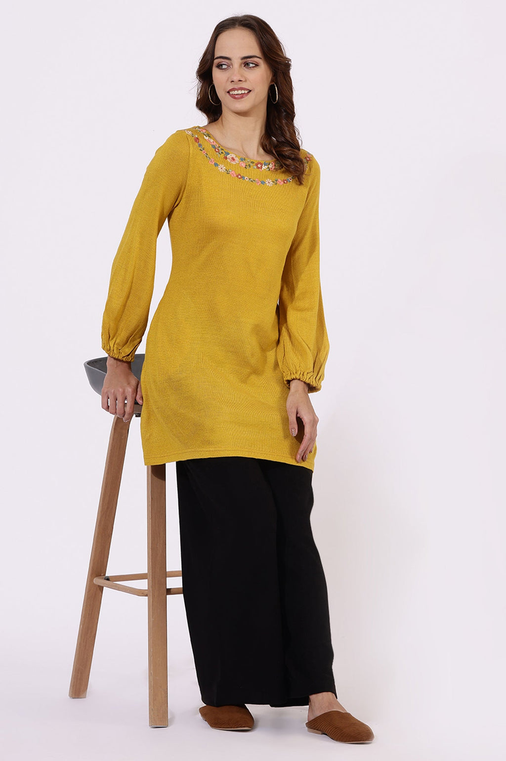 W for Woman Yellow Solid Thread Work Acrylic Straight Tunic | Grocsy