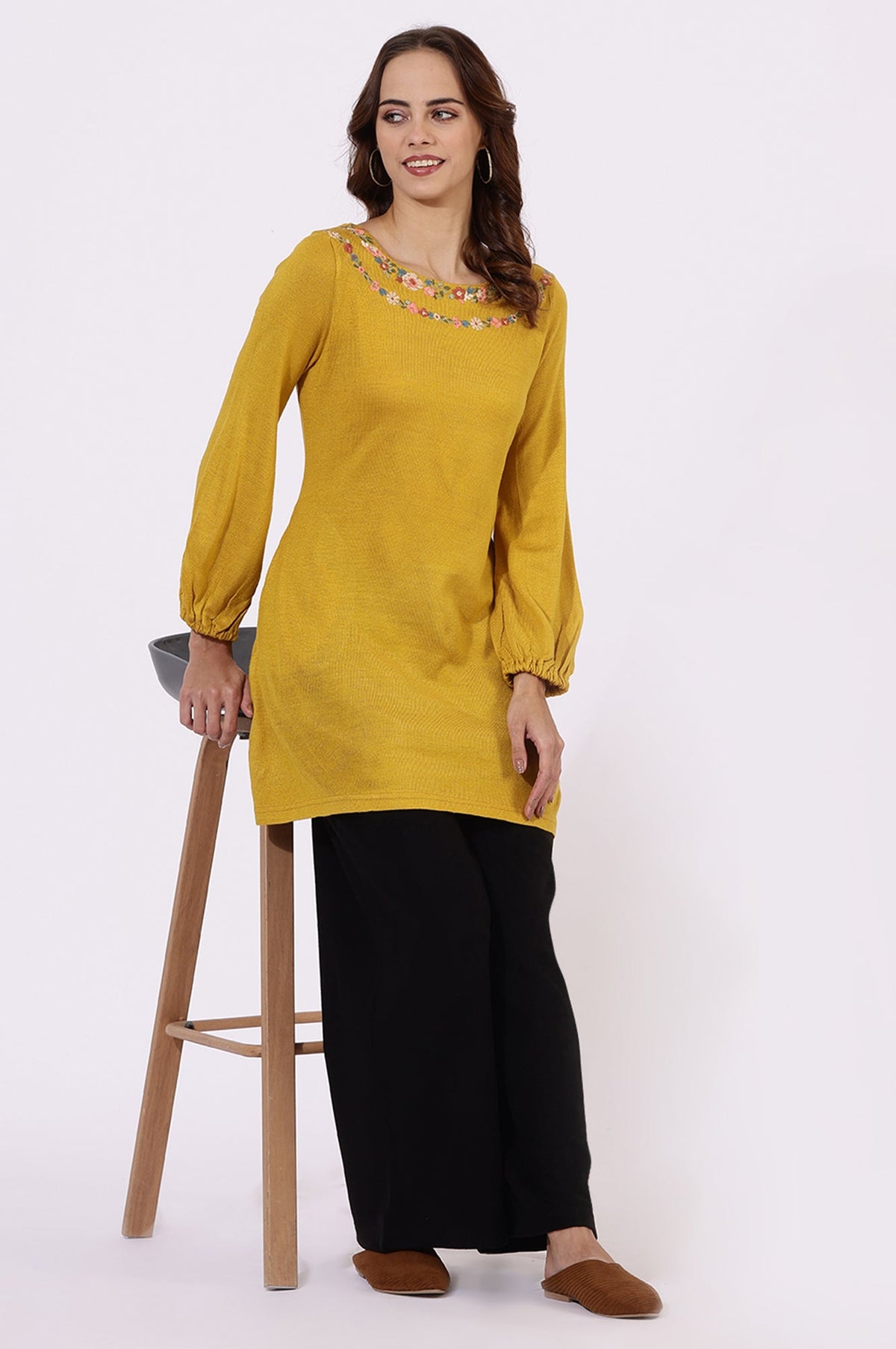W for Woman Yellow Solid Thread Work Acrylic Straight Tunic | Grocsy