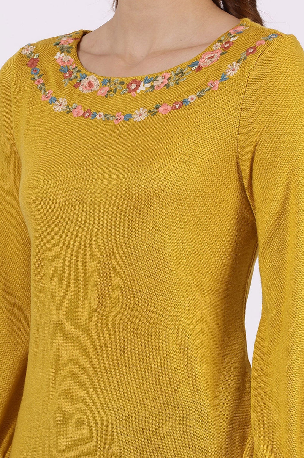 W for Woman Yellow Solid Thread Work Acrylic Straight Tunic | Grocsy