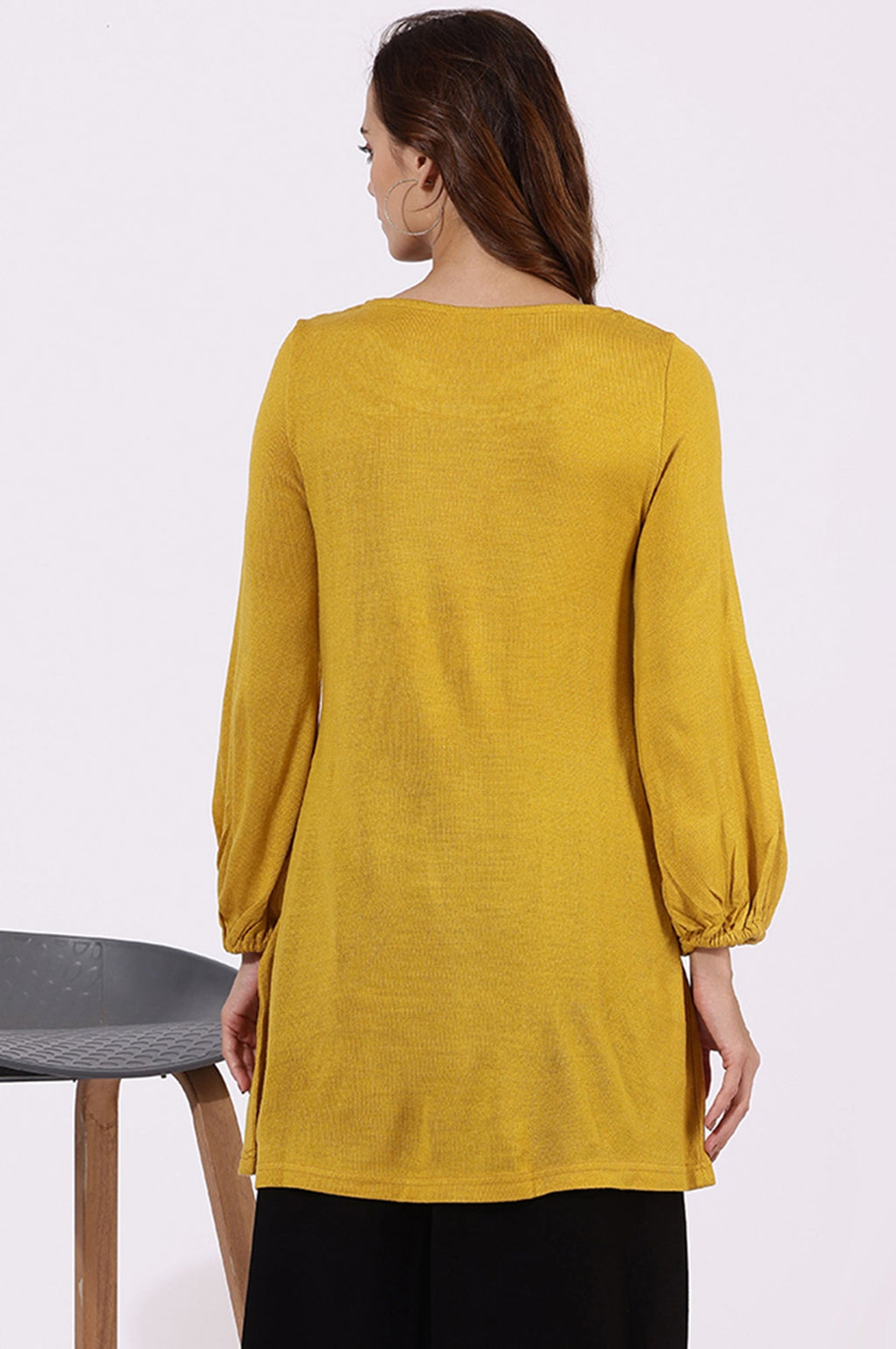 W for Woman Yellow Solid Thread Work Acrylic Straight Tunic | Grocsy