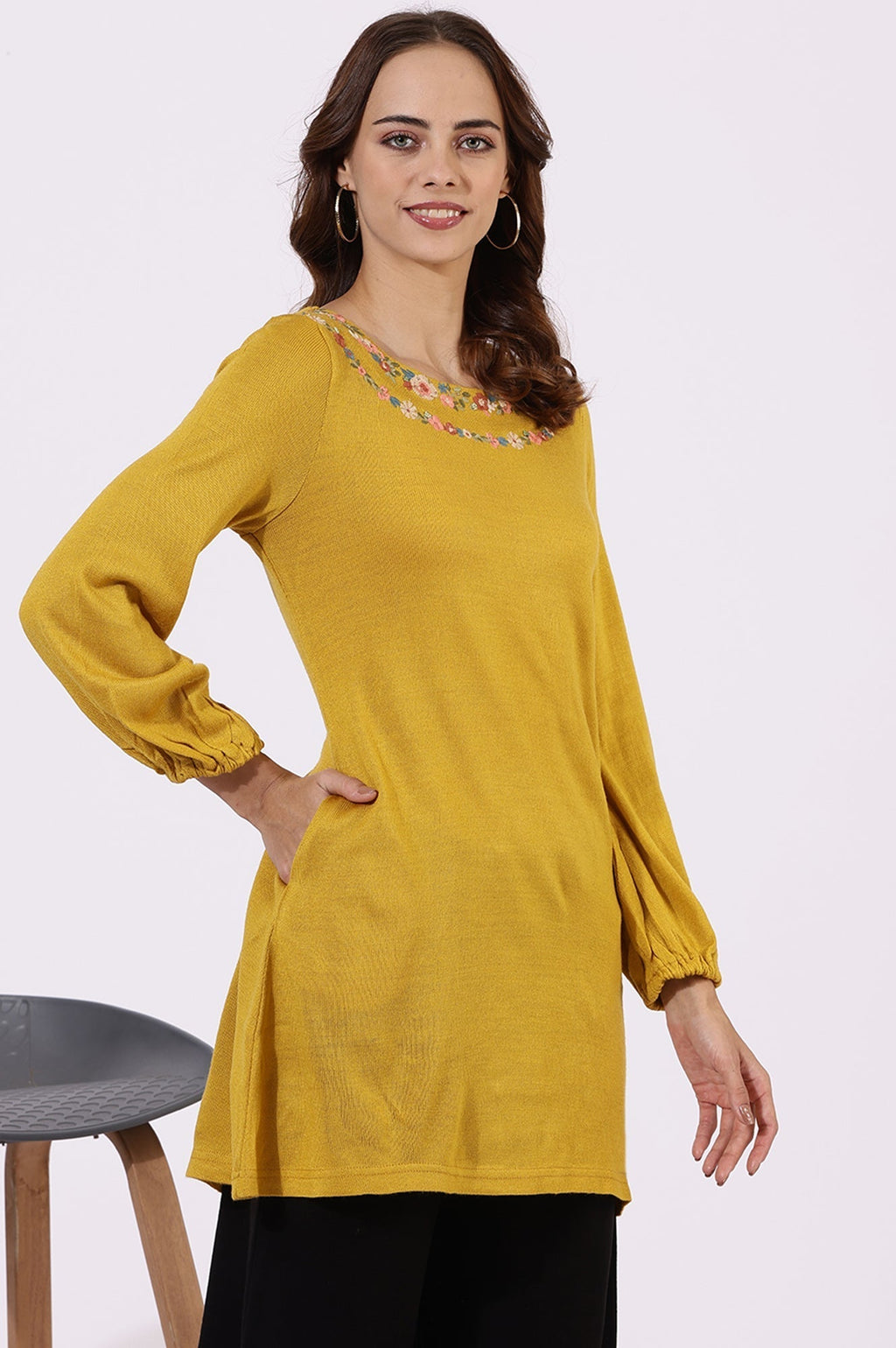 W for Woman Yellow Solid Thread Work Acrylic Straight Tunic | Grocsy