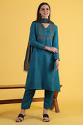 W for Woman Blue Solid Zari Straight Kurta & Straight pant with Shawl Set | Grocsy