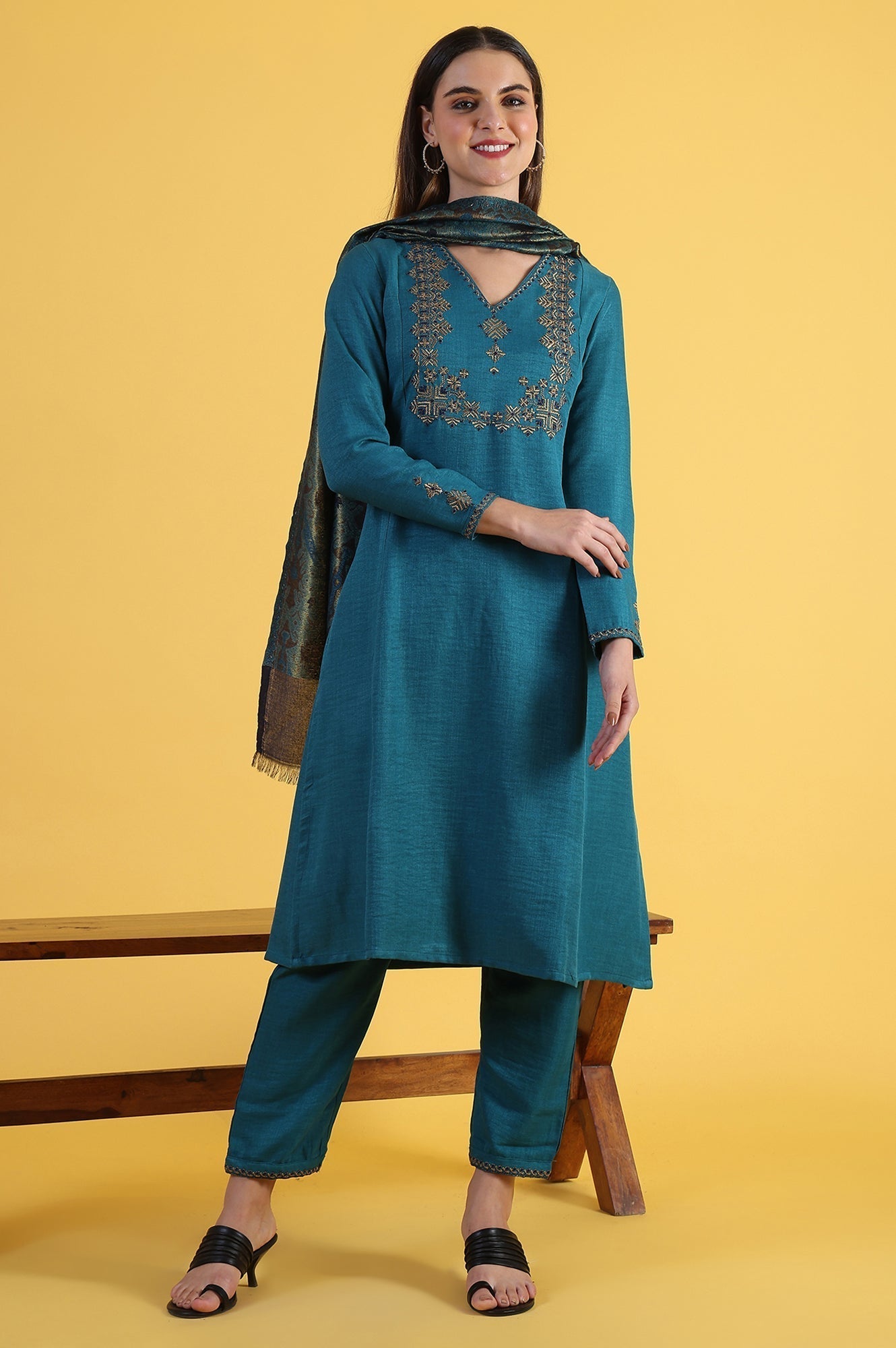 W for Woman Blue Solid Zari Straight Kurta & Straight pant with Shawl Set | Grocsy