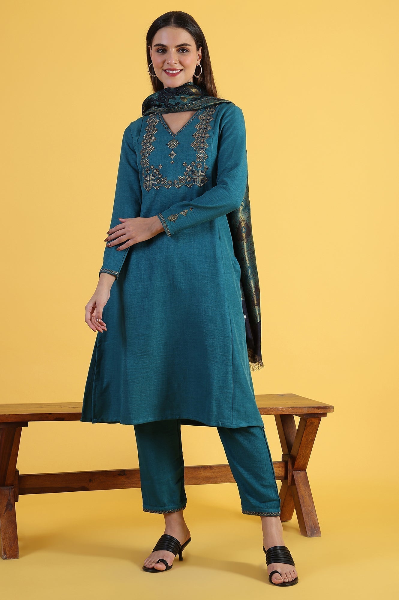 W for Woman Blue Solid Zari Straight Kurta & Straight pant with Shawl Set | Grocsy