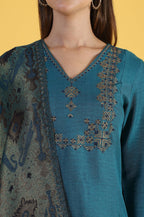 W for Woman Blue Solid Zari Straight Kurta & Straight pant with Shawl Set | Grocsy