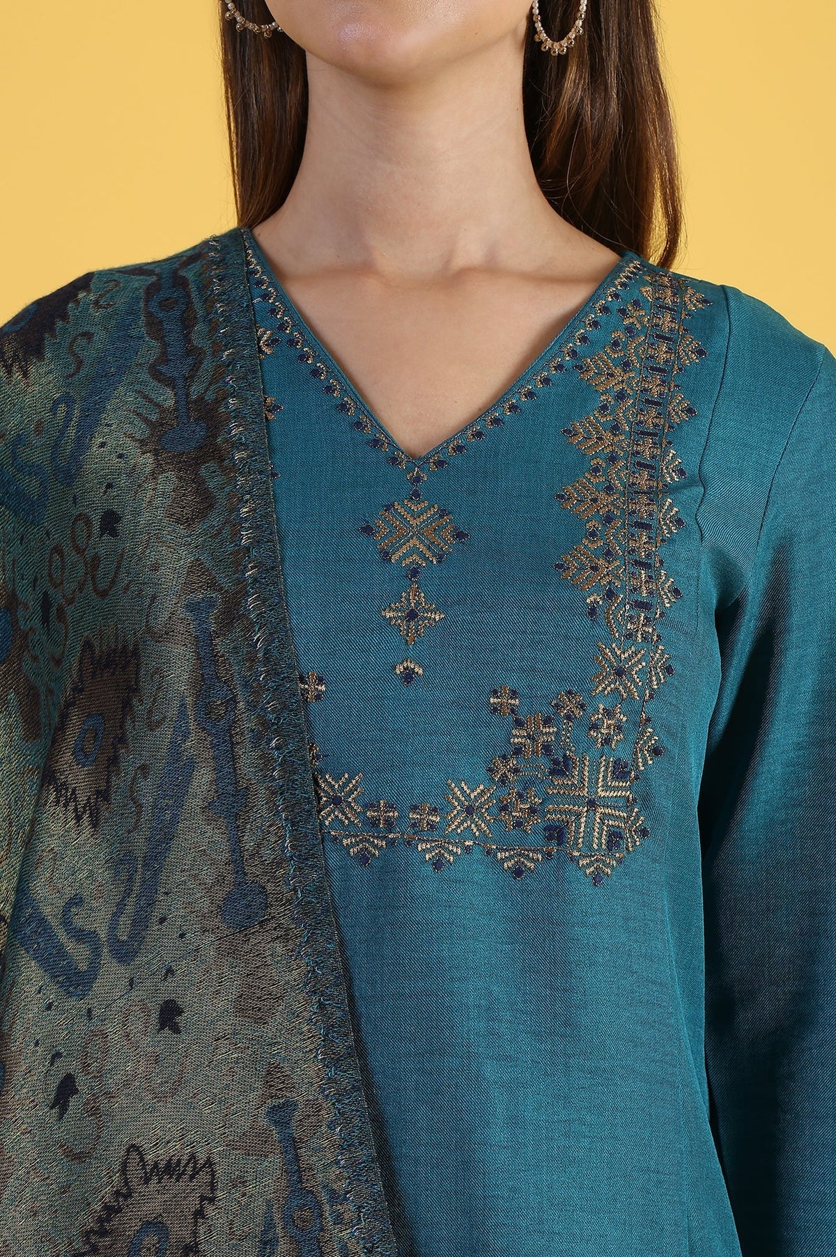 W for Woman Blue Solid Zari Straight Kurta & Straight pant with Shawl Set | Grocsy