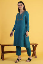 W for Woman Blue Solid Zari Straight Kurta & Straight pant with Shawl Set | Grocsy