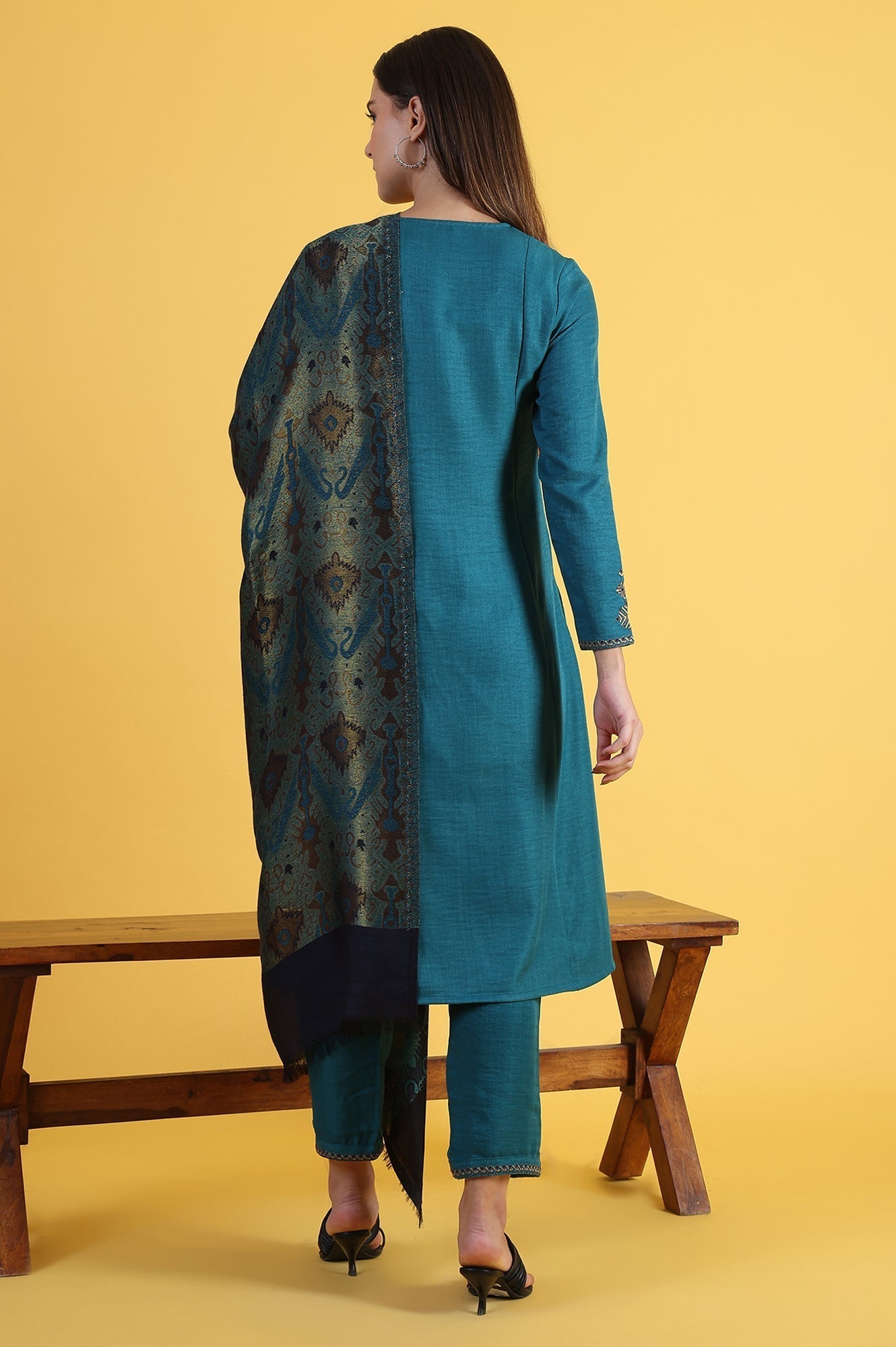 W for Woman Blue Solid Zari Straight Kurta & Straight pant with Shawl Set | Grocsy