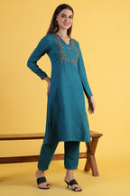 W for Woman Blue Solid Zari Straight Kurta & Straight pant with Shawl Set | Grocsy
