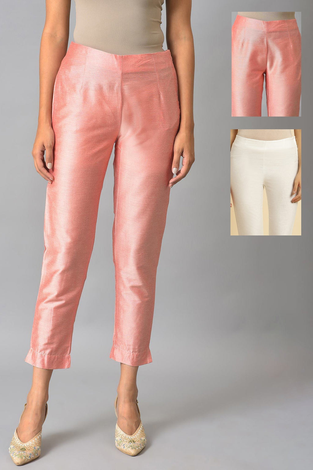 W for Woman Peach And Embroidered White Slim Pants Combo | Grocsy