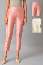 W for Woman Peach And Embroidered White Slim Pants Combo | Grocsy