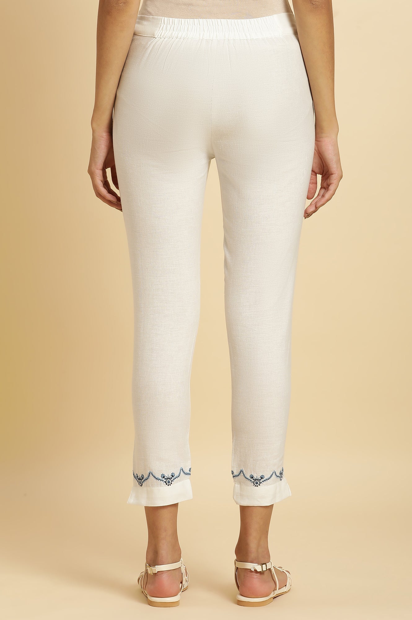 W for Woman Peach And Embroidered White Slim Pants Combo | Grocsy