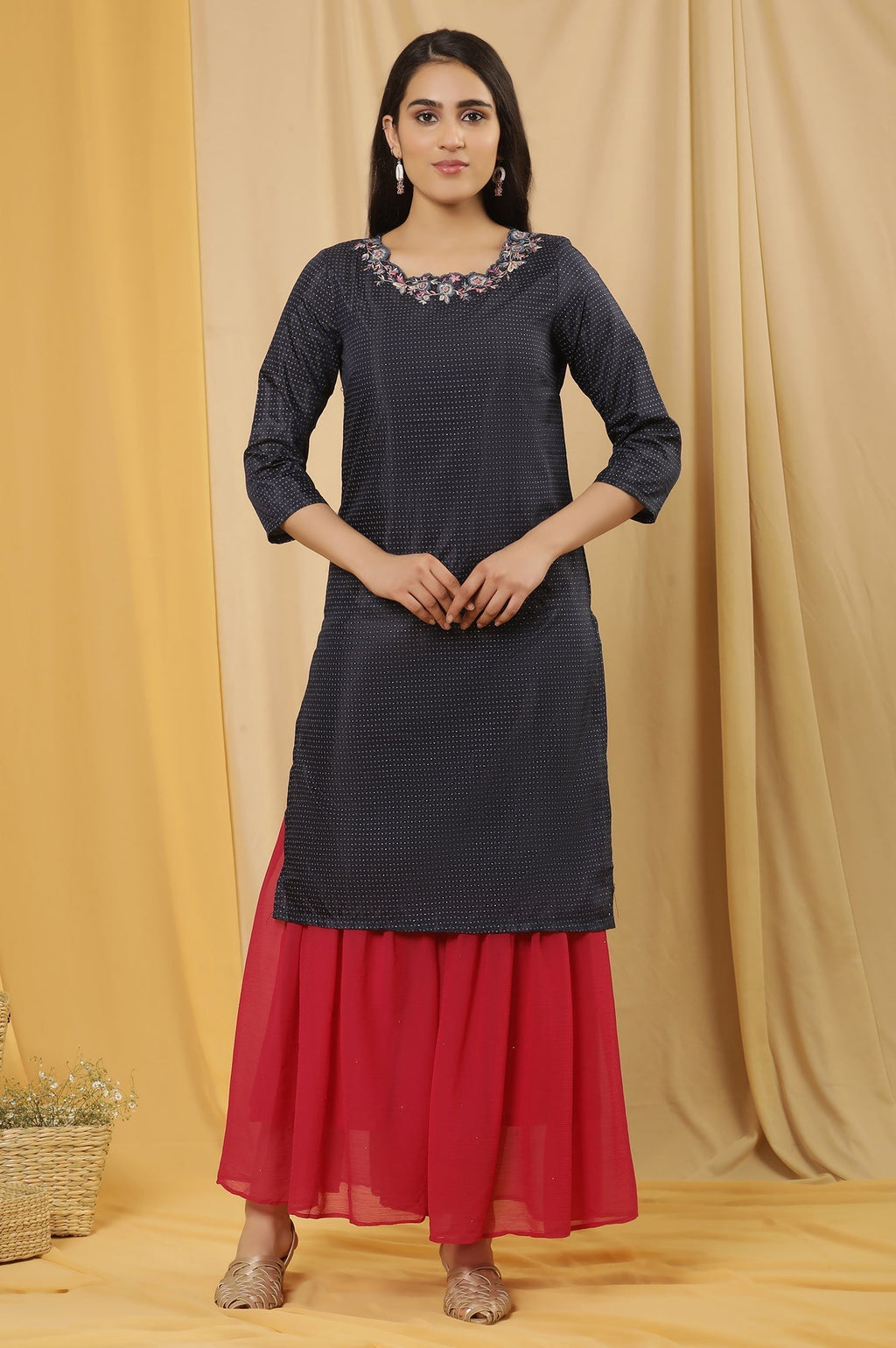 W for Woman Blue Embroidered Kurta And Sharara Set | Grocsy