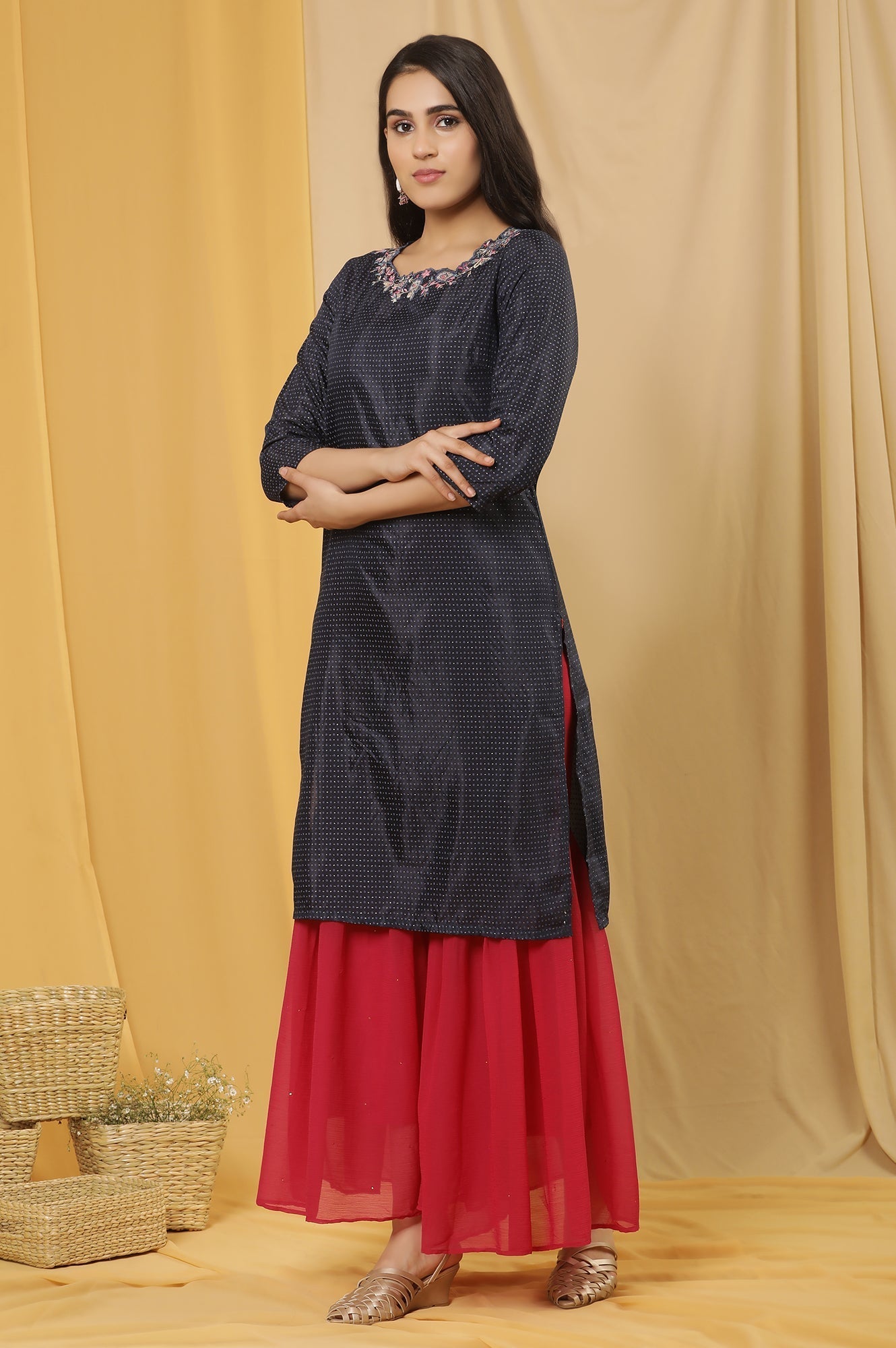 W for Woman Blue Embroidered Kurta And Sharara Set | Grocsy