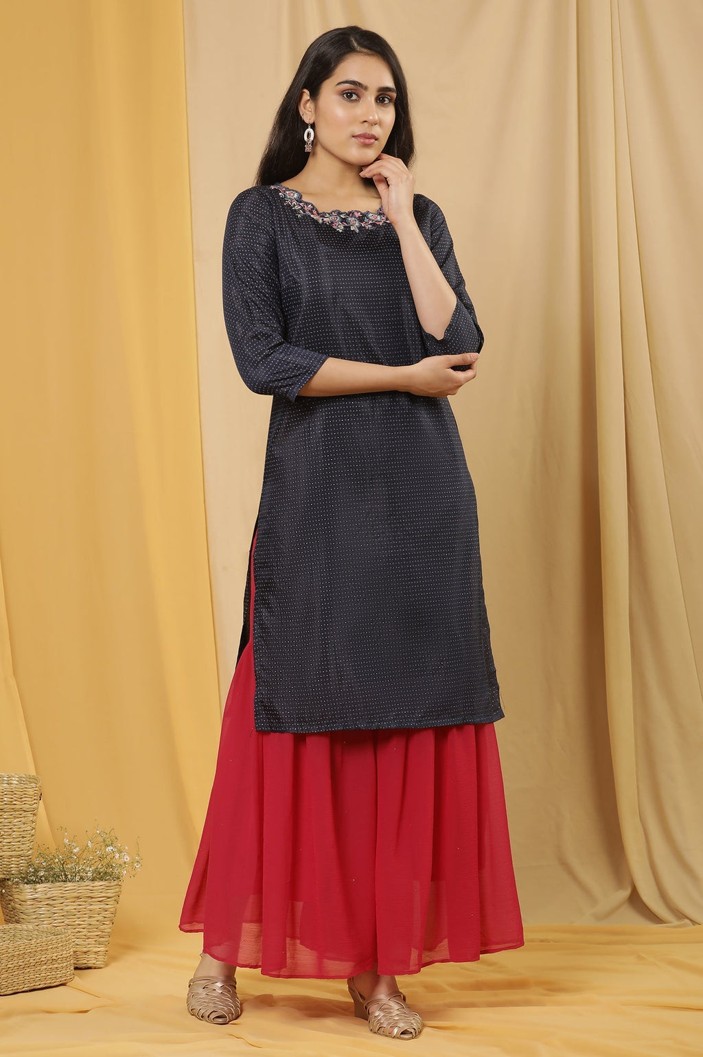 W for Woman Blue Embroidered Kurta And Sharara Set | Grocsy
