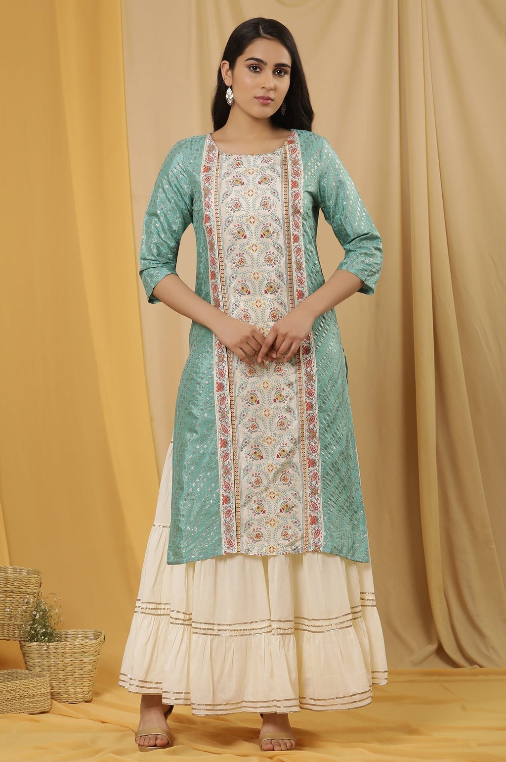 W for Woman Green Mock Layer Printed Kurta And Sharara Set | Grocsy
