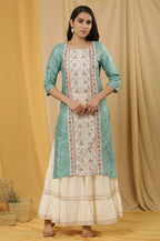W for Woman Green Mock Layer Printed Kurta And Sharara Set | Grocsy