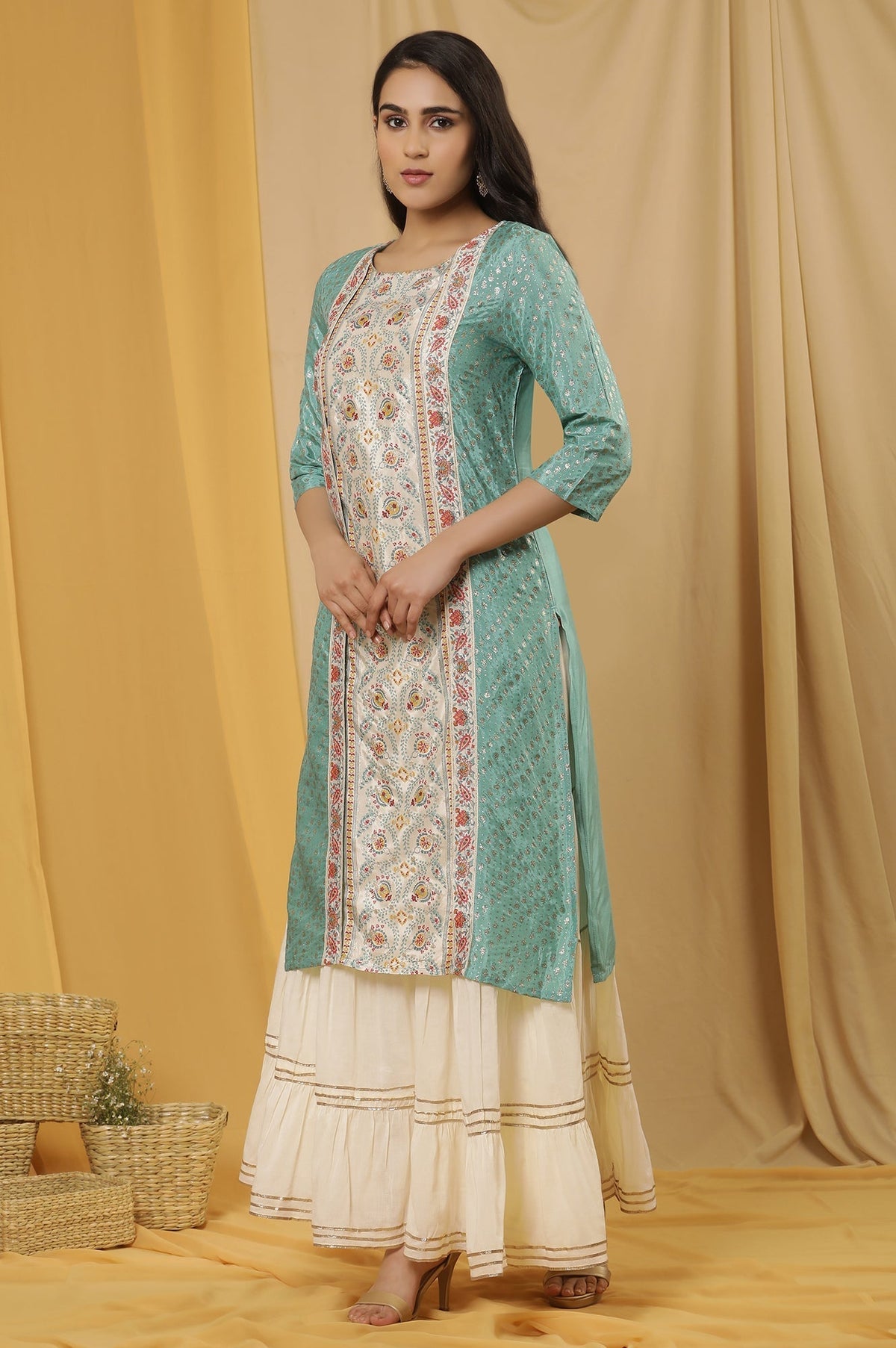 W for Woman Green Mock Layer Printed Kurta And Sharara Set | Grocsy
