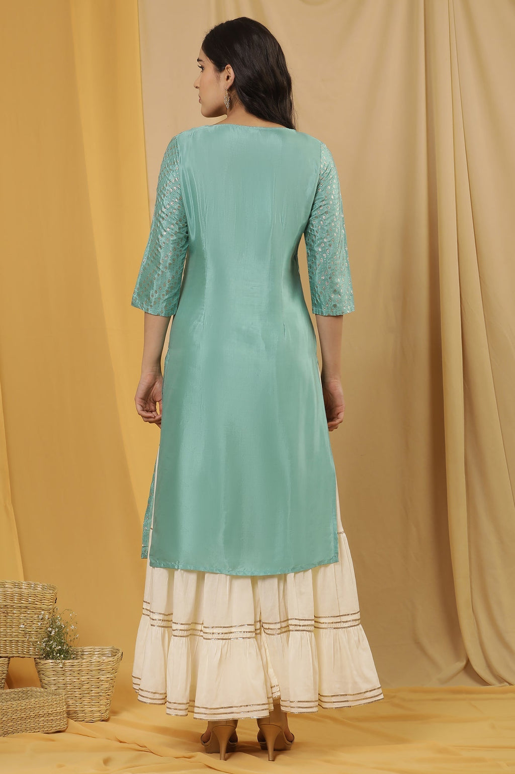 W for Woman Green Mock Layer Printed Kurta And Sharara Set | Grocsy