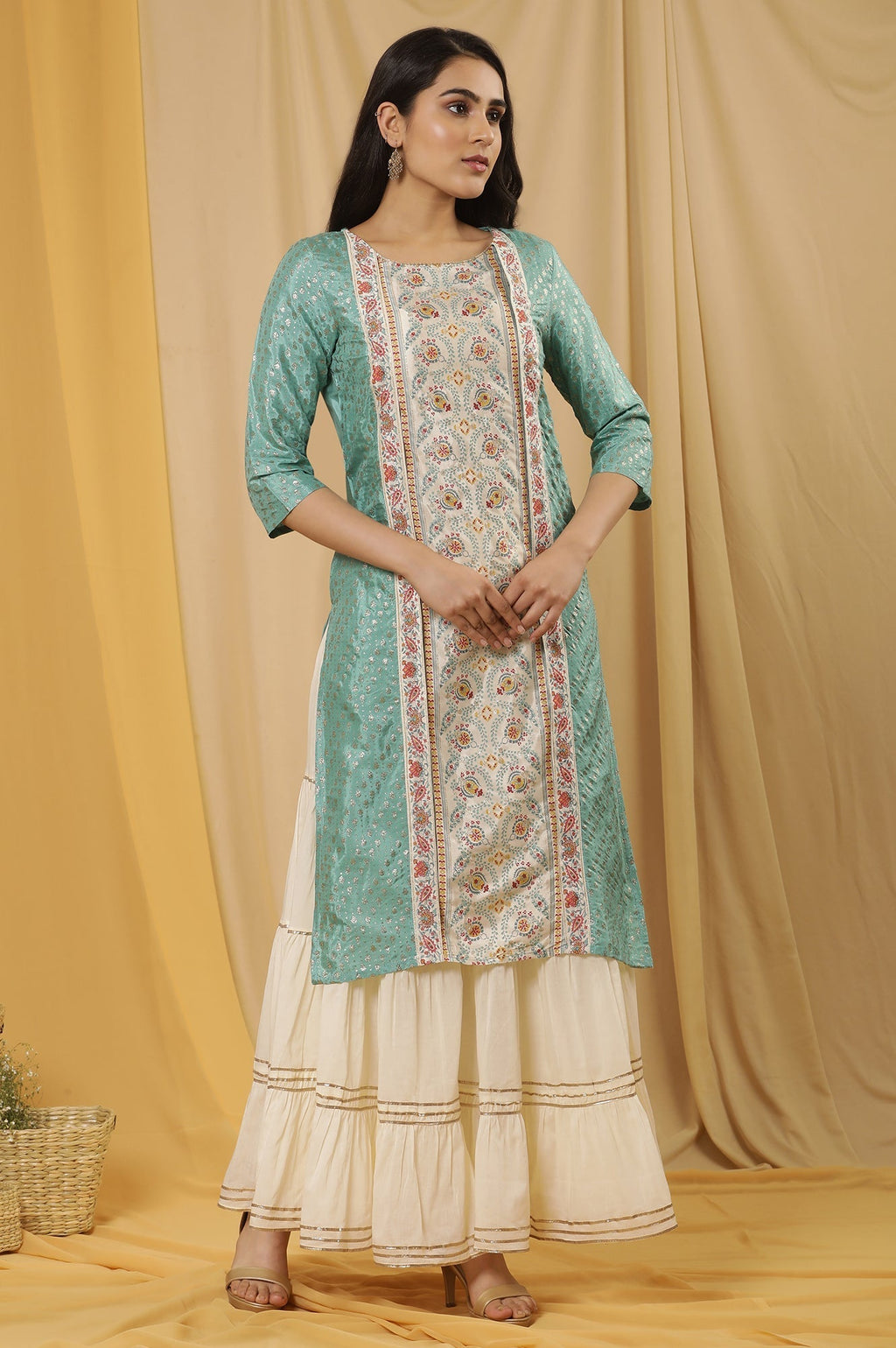 W for Woman Green Mock Layer Printed Kurta And Sharara Set | Grocsy