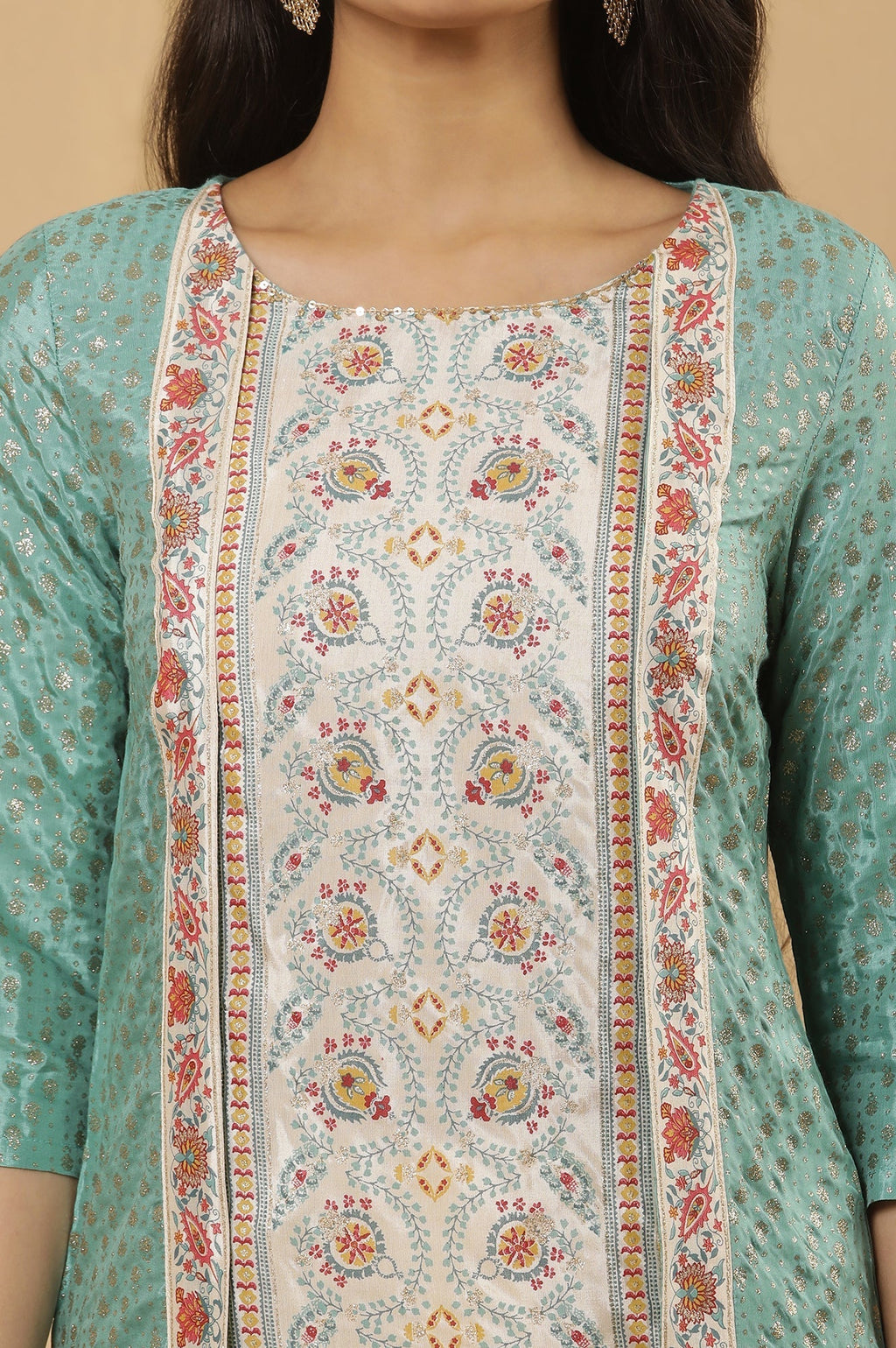 W for Woman Green Mock Layer Printed Kurta And Sharara Set | Grocsy