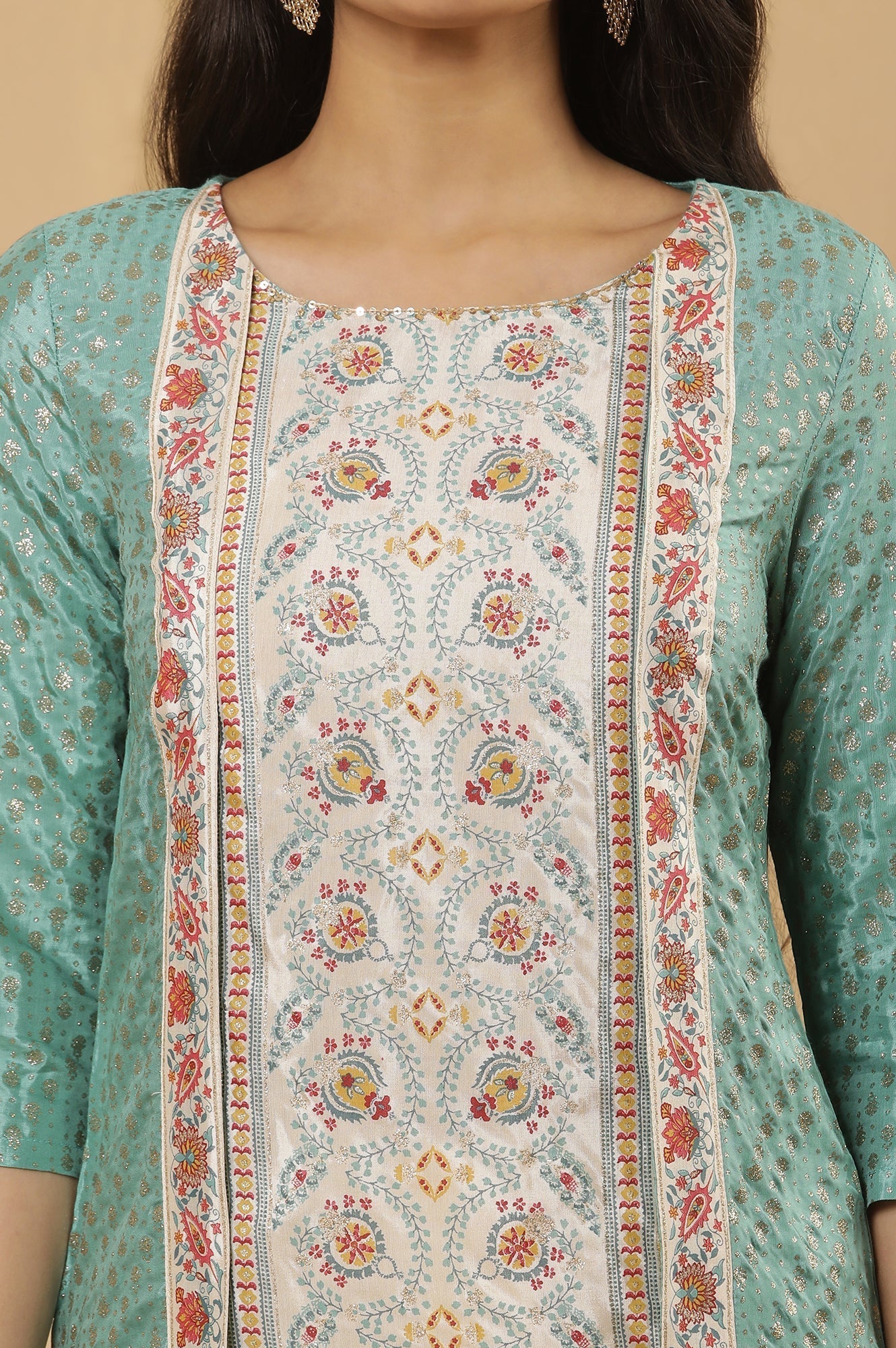 W for Woman Green Mock Layer Printed Kurta And Sharara Set | Grocsy
