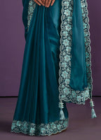 Light Blue Crepe Satin Silk Embroidered Saree With Stitched Blouse - Mohmanthan Exotica | Grocsy