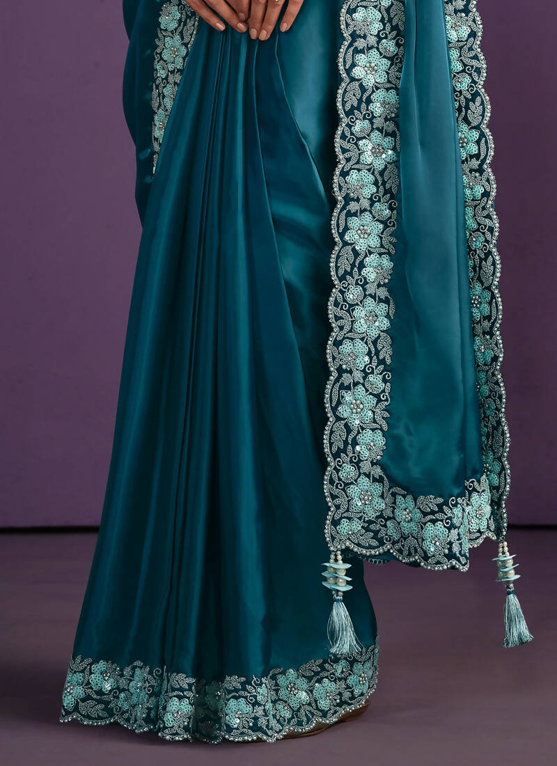 Light Blue Crepe Satin Silk Embroidered Saree With Stitched Blouse - Mohmanthan Exotica | Grocsy