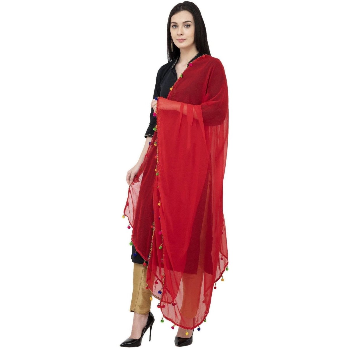 A R Silk Chiffon Multi Pum-2 Regular Dupatta Color Red Dupatta or Chunni | Grocsy