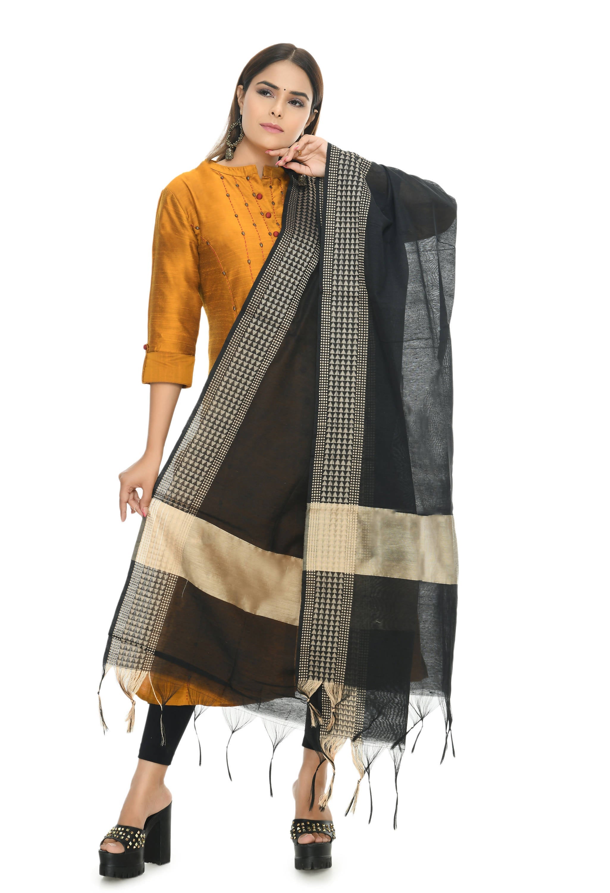 Mominos Fashion Moeza Women's Handloom Cotton Black Dupatta | Grocsy