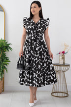 Pimu V-Neck Maxi Dress with Graphic Print-Black | Grocsy