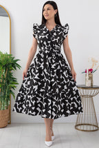 Pimu V-Neck Maxi Dress with Graphic Print-Black | Grocsy