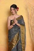 Very Much Indian Handloom Pure Cotton Linen Saree With Golden Border - Grey Gold | Grocsy