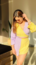 Noroke Sustainable fabric | Linen Cotton Front Tie Linen Co-Ord Set Women - Purple Yellow | Grocsy