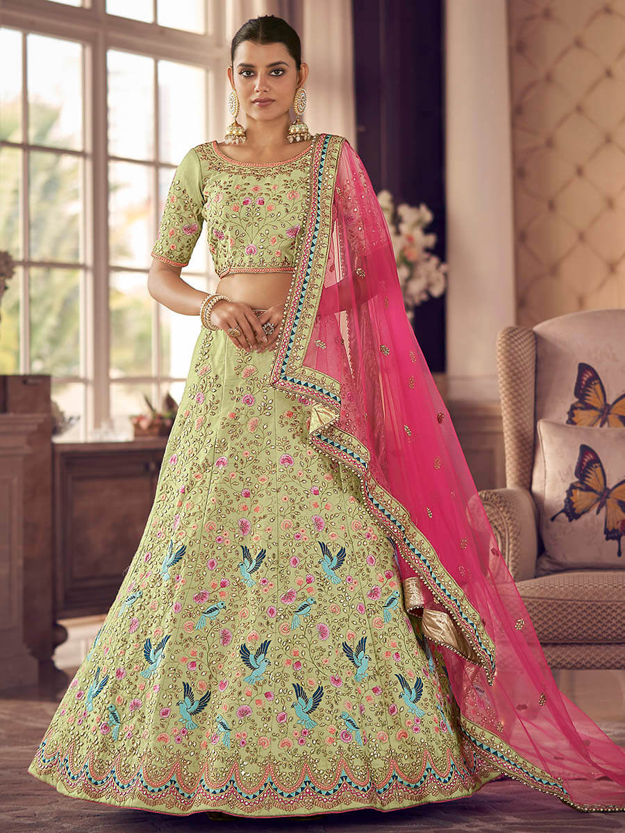 Myra Pista Green Art Silk Heavy Embroidered Lehenga | Grocsy