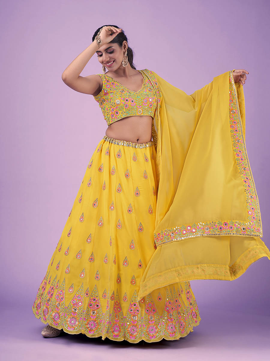 Myra Yellow Georgette Embroidered Designer Lehenga | Grocsy