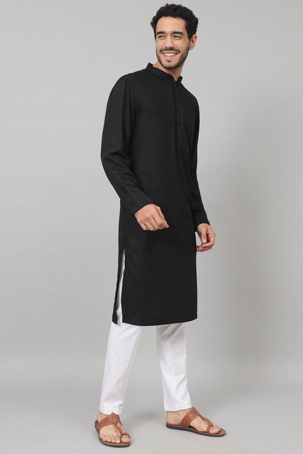 Giza Cotton Black Plain Kurta by Hilo Design | Grocsy