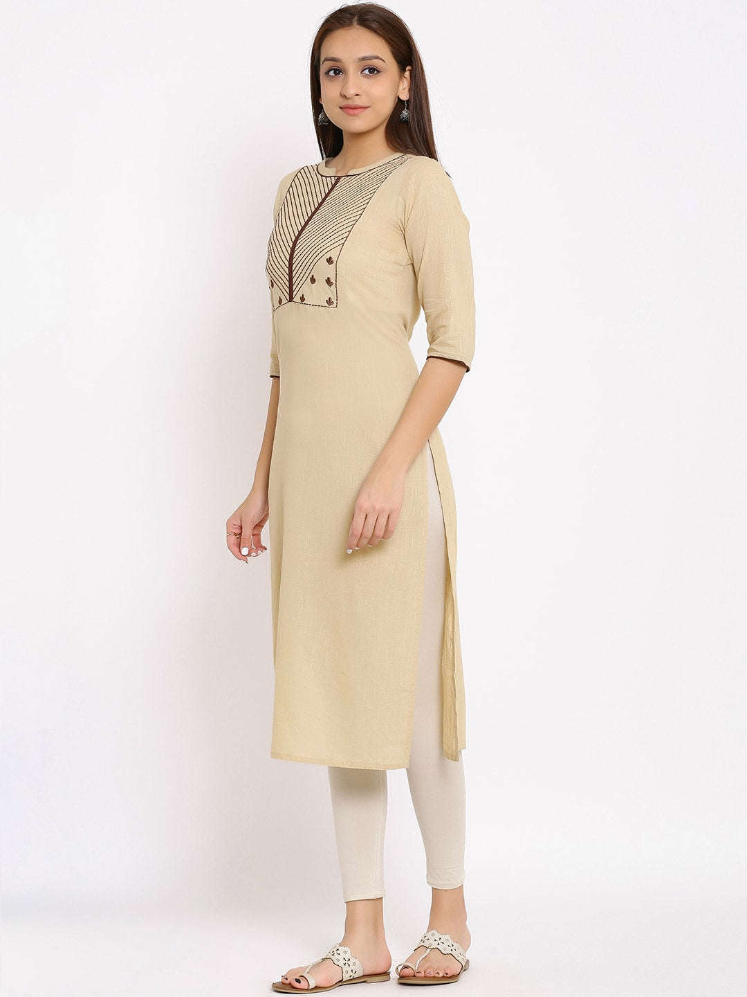HERE&NOW Beige Geometric Yoke Design Thread Work Kurta | Grocsy