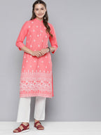 HERE&NOW Women Pure Cotton Ethnic Motifs Embroidered Thread Work Pastels Kurta | Grocsy