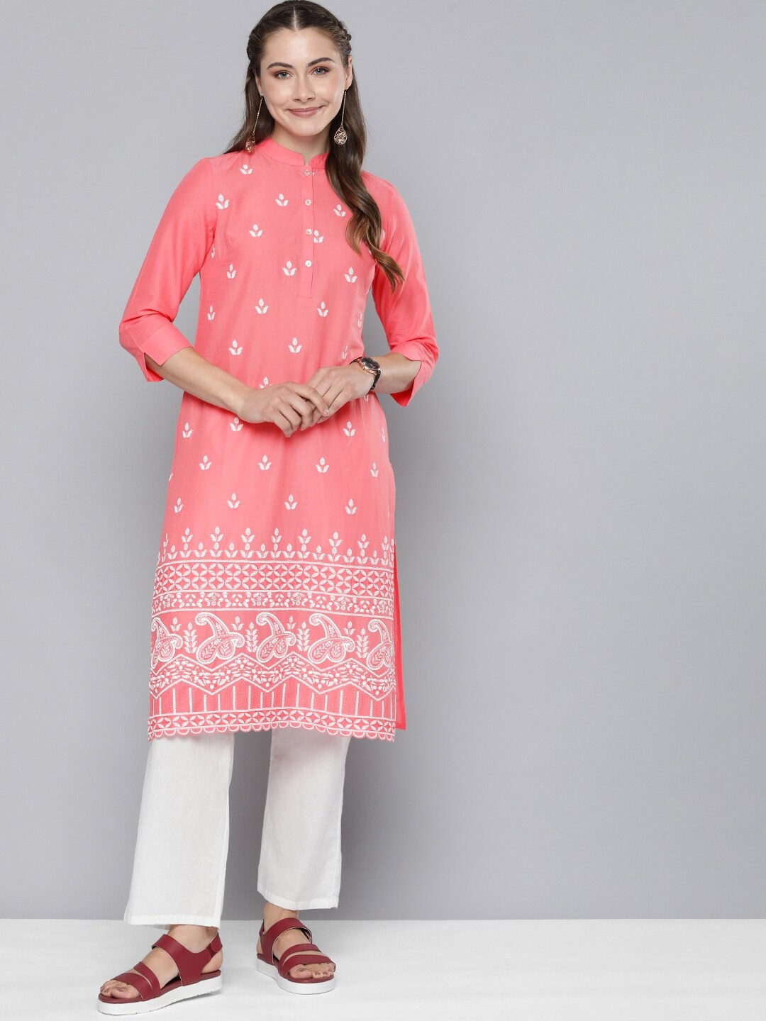 HERE&NOW Women Pure Cotton Ethnic Motifs Embroidered Thread Work Pastels Kurta | Grocsy