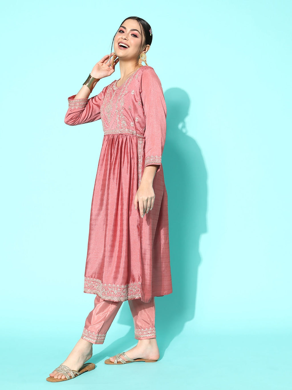 Sangria Floral Embroidered Regular Sequinned Kurta With Trousers & With Dupatta | Grocsy