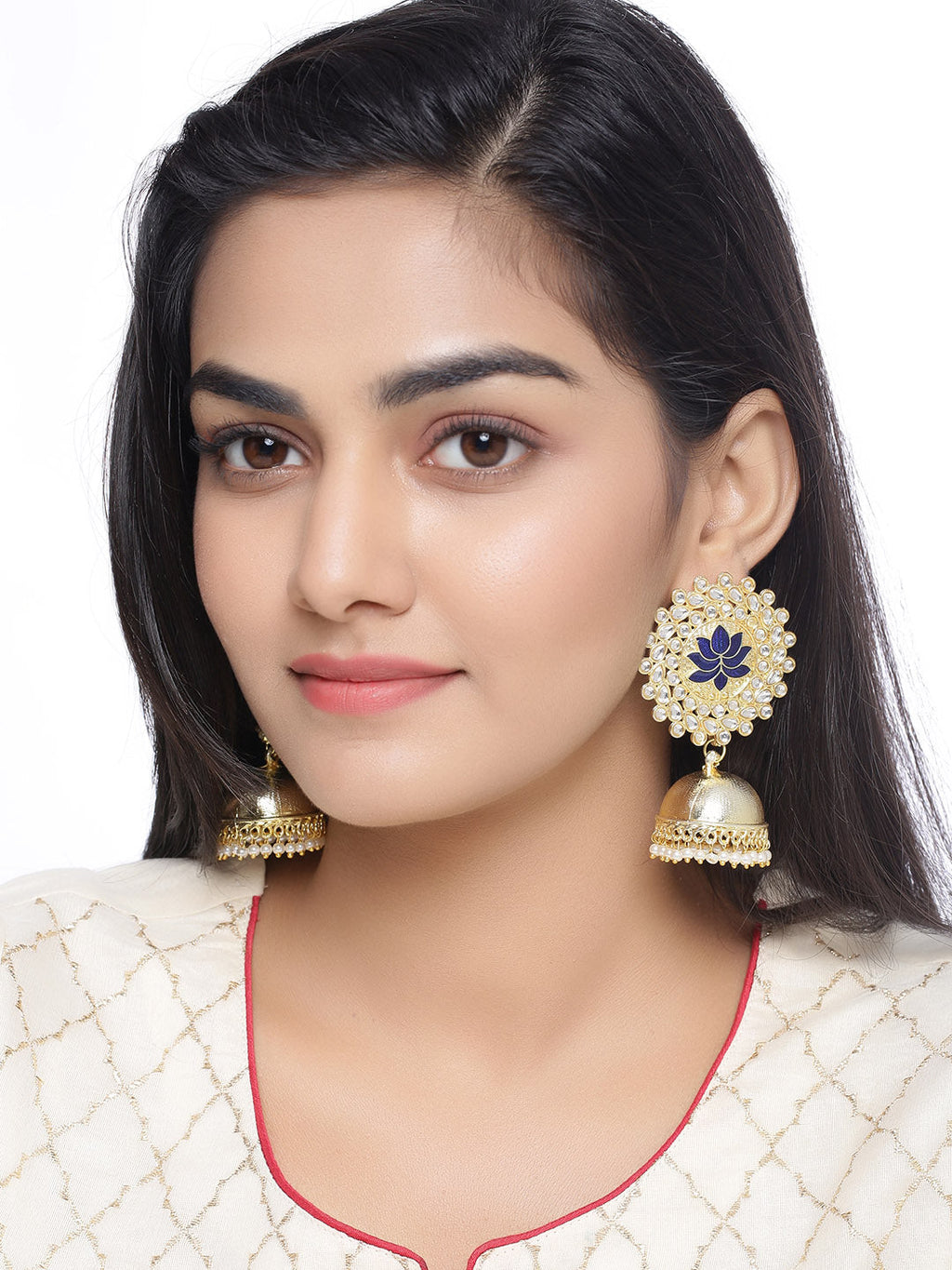 Shoshaa Gold-Polished Navy Blue Kundan-Studded Classic Jhumkas | Grocsy