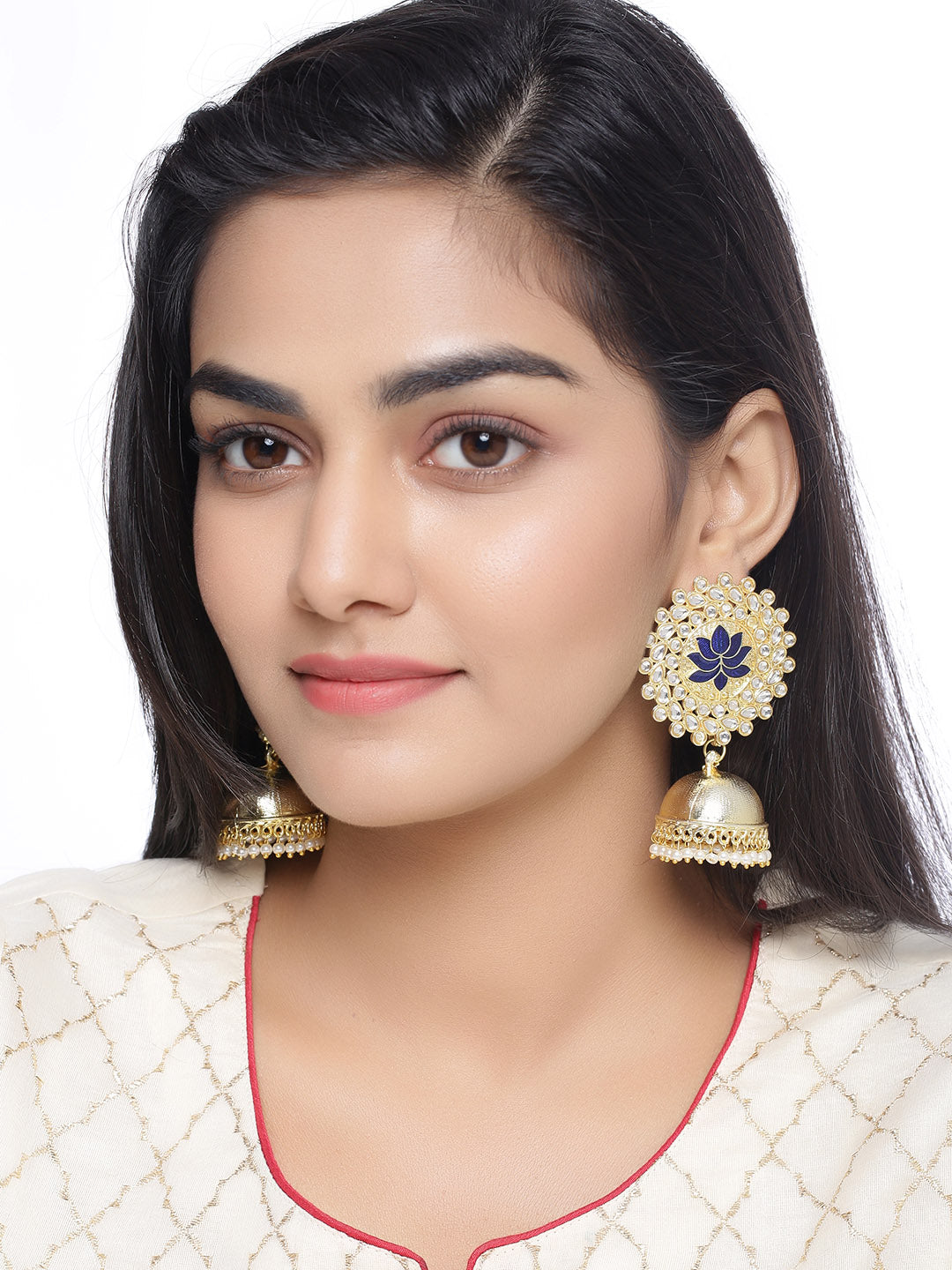 Shoshaa Gold-Polished Navy Blue Kundan-Studded Classic Jhumkas | Grocsy